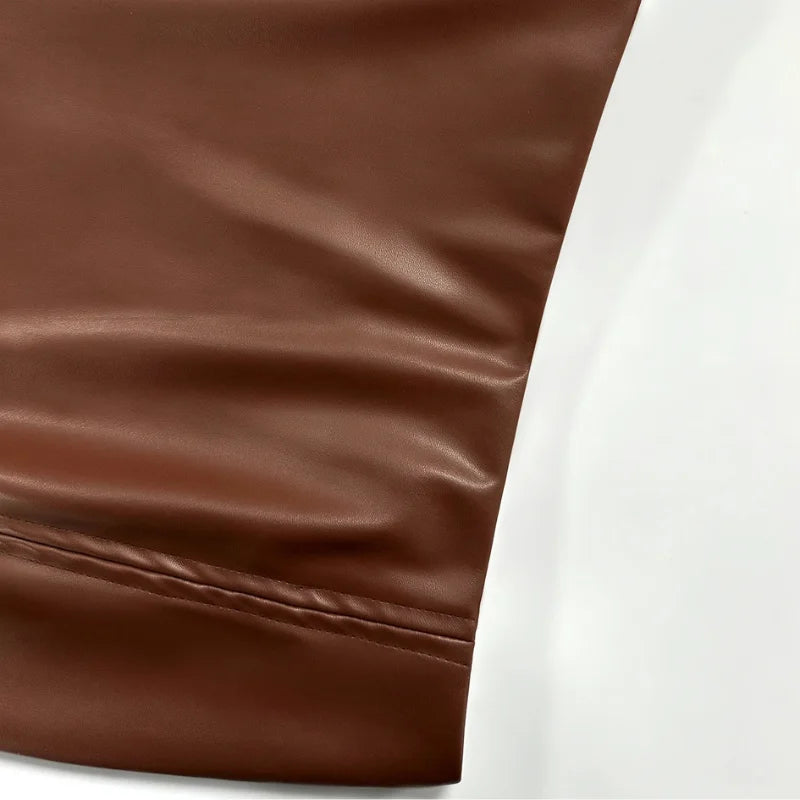 Saia - Midi Couro Marrom com Fenda