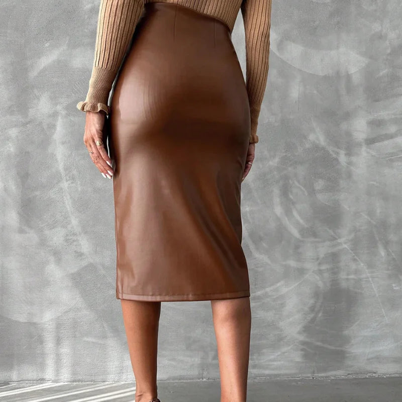 Saia - Midi Couro Marrom com Fenda