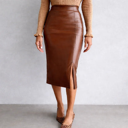 Saia - Midi Couro Marrom com Fenda